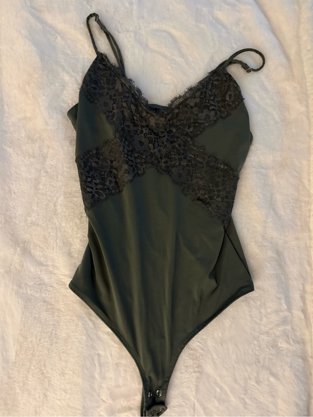Dynamite Lace-Trim Satin Bodysuit in Teal